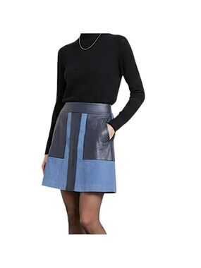Lindex Sweden goat suede lambskin leather blue colour block a line mini skirt S